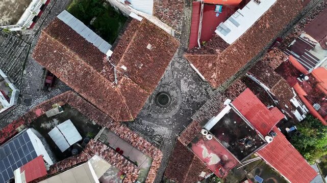 Little square of Mexican colonial town, Aerial top down view