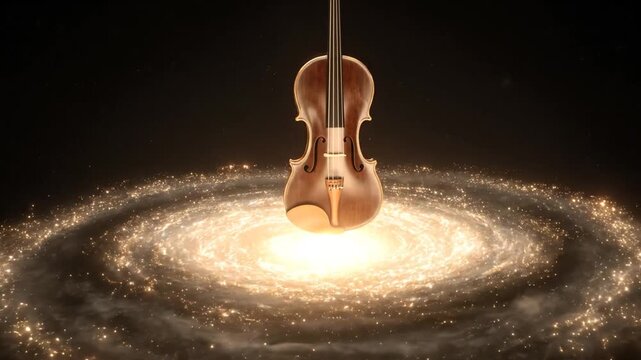 A gleaming gold string instrument floats above a bright galaxy spiral, contrasting dark space