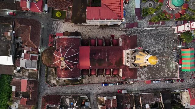 Jarritos colonial church in Cuetzalan Mexican village. Aerial top down view