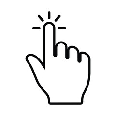 Fototapeta premium Black and white vector icon of a hand cursor clicking. Minimalist outline illustration of a finger touching a screen or button, symbolizing digital interaction, selection, and web navigation.