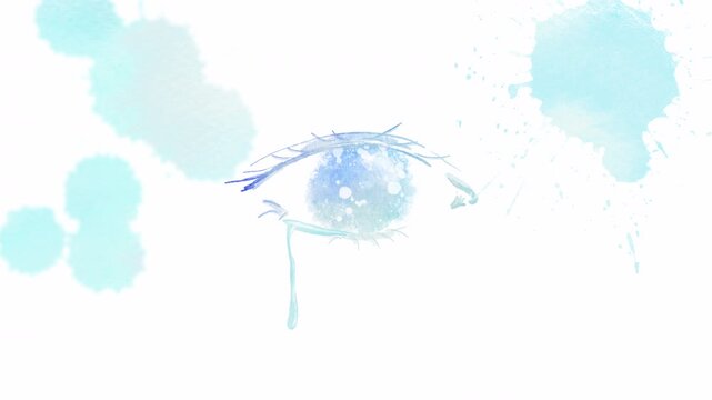 涙を流して泣いている目に青い水しぶきが降りかかる水彩アニメーション。悲しみと浄化を表現。