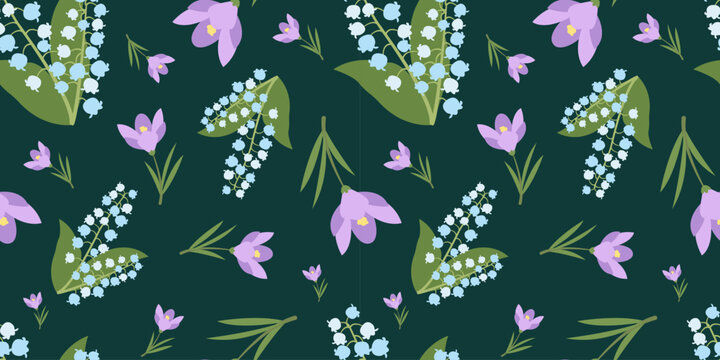 Floral Seamless Pattern with Lilies of Valley and Crocus on Green Background. Seamless Pattern with white and Violet  Flowers. Vector illustration Template for Textiles Packaging Backgrounds.