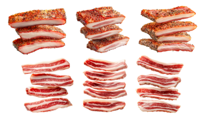 Set of Slices of seasoned lardo or salo with peppercorn coating, isolated on white transparent background, concept of premium cured meat