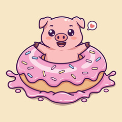 Fototapeta premium Cute Cartoon Piglet Sitting Inside Pink Frosted Donut with Sprinkles and Heart Symbol Vector Illustration