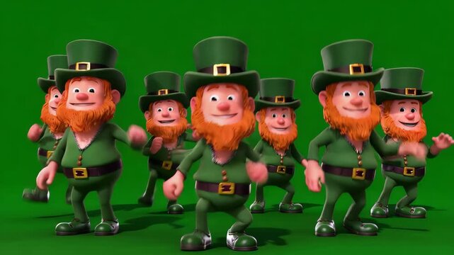 3D cartoon leprechaun dancing jig animation on solid green background