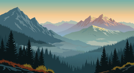 Obraz premium Serene Mountain Landscape Vector Illustration with Lush Pine Forests and Golden Hour Hues