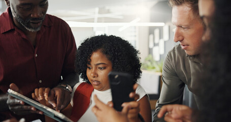 Woman, stress and chaos with staff, overwhelmed and deadline with tablet, phone and pressure at startup. People, team and crisis with tech, application or multitasking for project at creative agency