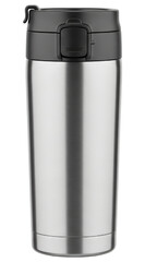 Stainless steel travel mug with black plastic lid for hot coffee on a transparent background