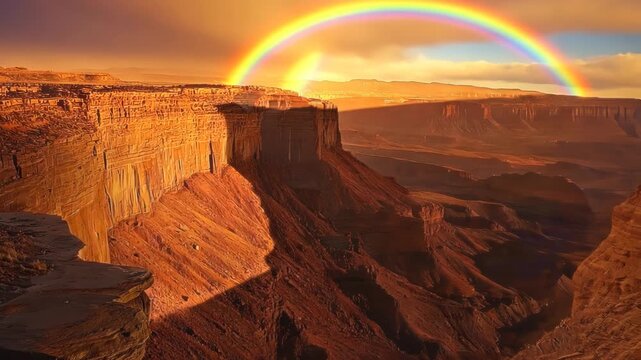 Stunning rainbow arches over canyon at sunset with majestic natural beauty
