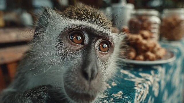 Curious monkey gazes at food in vibrant market setting