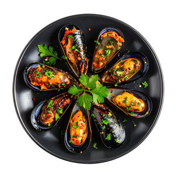 Succulent stuffed mussels (midye dolma) on a dark surface, a classic turkish street food isolated on white background
