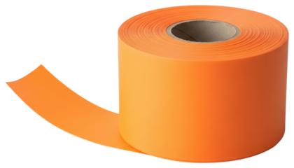 Roll of bright orange flagging tape for marking construction areas on a transparent background