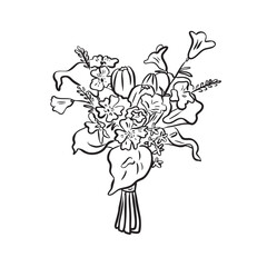 Wedding Floral Bouquet Line Art Illustration. Hand drawn bridal bouquet line art