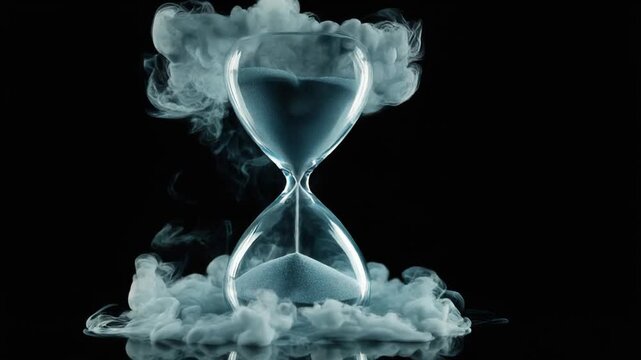 An hourglass, surrounded by vapor and set against a dark background, reflects on a reflective surface
