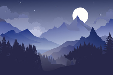 Minimal of a foggy night forest with mountains and a full moon 2