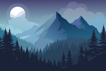 Minimal of a foggy night forest with mountains and a full moon 4