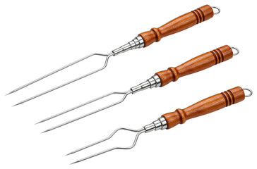 Fototapeta premium Set of three metal barbecue skewers with wooden handles for grilling on a transparent background