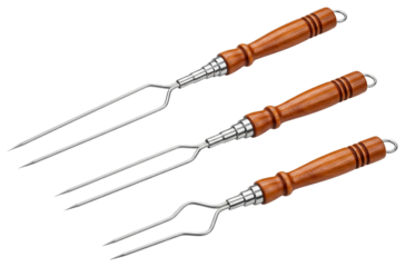 Set of three metal barbecue skewers with wooden handles for grilling on a transparent background