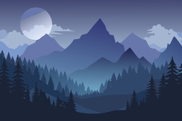 Minimal of a foggy night forest with mountains and a large moon 2