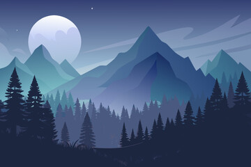 Minimal of a foggy night forest with mountains and a large moon 3