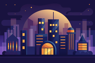 Minimal urban night skyline with rounded building and illuminated windows urban skyline night scene 3