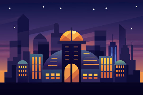 Minimal urban night skyline with rounded building and illuminated windows urban skyline night scene 11