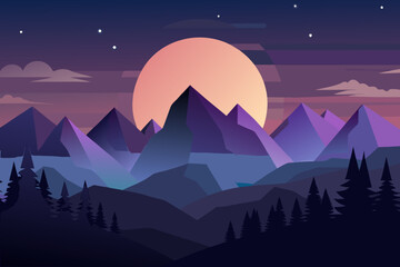 Minimalist Night Landscape with Purple Mountains and Large Orange Moon