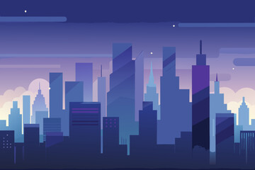 Soft dark city background showing distant skyscrapers in purple and blue gradient with stars cityscape 1