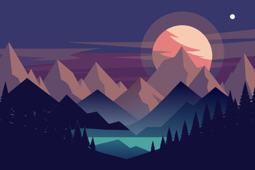 Minimalist Night Landscape with Purple Mountains Moon and Forest pink