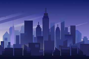 Soft dark city background showing distant skyscrapers and buildings at dusk with blue and purple hues