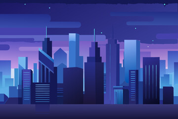 Soft dark city background with distant skyscrapers and purple blue gradient sky cityscape buildings