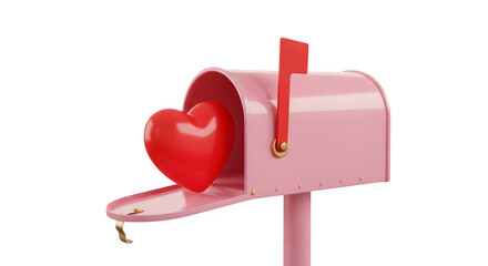 Pink mailbox with red heart isolated on transparent background