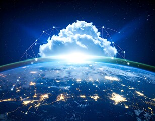 A glowing cloud floats above the curved horizon of a planet