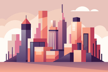 Ultra Minimal Cityscape with Abstract Block Style Buildings in Red Orange and Purple minimalist