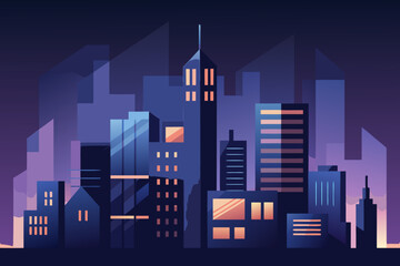 Ultra Minimal Night Cityscape with Abstract Block Buildings and Purple Blue Gradient skyscrapers