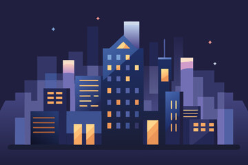 Ultra Minimal Night Cityscape with Abstract Block Buildings and Warm Lights abstract buildings minimalist