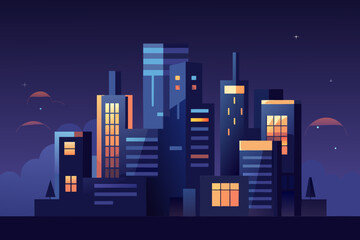 Ultra Minimal Night Cityscape with Abstract Block Buildings and Warm Window Lights