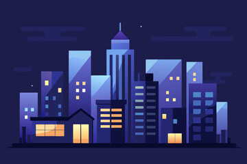 Ultra Minimal Night Cityscape with Abstract Blue and Purple Block Buildings skyscrapers