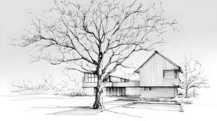 Architectural concept rendering featuring a bare winter tree standing prominently before a modern rustic home facade sketch created with detailed pen and ink line work