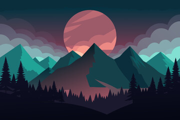 Ultra Minimal Night Landscape with Forest Hinted Beneath a Large Red Moon mountains trees