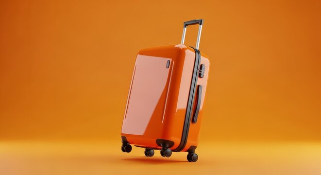 A stylish orange hard-shell carry-on suitcase, featuring a conveniently designed front access panel that allows easy retrieval of essentials like laptops and travel documents, stands tilted on its whe