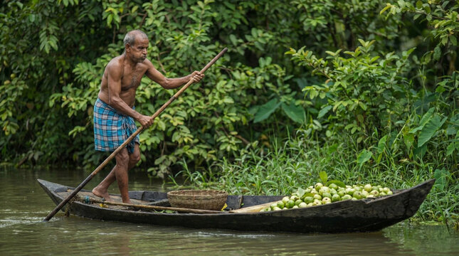 Traditional Water Harvest: Indian Farmer in a Wooden Canoe Transporting Freshly Harvested Green Guavas through a Lush Tropical Canal, Rural Agriculture and Backwater Life Concept.