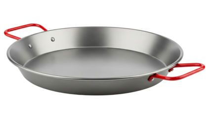 Large silver metal paella pan with red handles for cooking on a transparent background