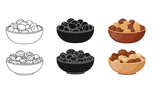 Set of three bowls with nuts and dried fruits in outline, silhouette and color styles collection of healthy snacks icons
