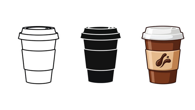 Set of three coffee to go cups icons outline, solid black and colored with sleeve
