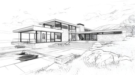 Architectural concept sketch illustrating a luxurious modern residence design featuring expansive glass walls an outdoor patio area and an adjacent swimming pool overlooking natural terrain