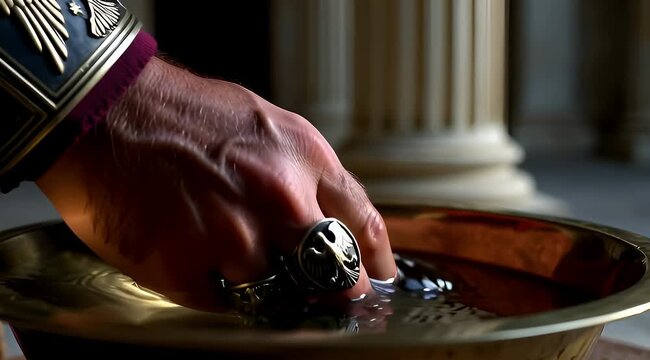 Ancient Roman Ritual Hand Washing in Golden Bowl with Signet Ring