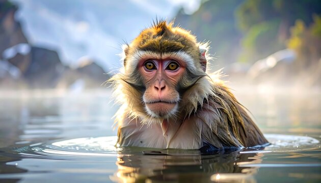 Monkey in Hot Spring - A Moment of Serenity and Reflection.