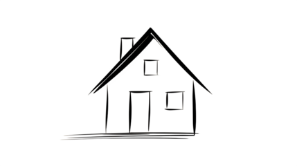 Simple white line sketch drawing of a traditional pitched roof house outline on a stark black background symbolizing home ownership or architecture.
