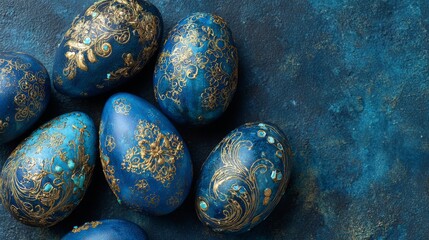 Beautiful blue easter eggs with golden decorations arranged on dark blue table, festive spring holiday celebration and seasonal decoration concept